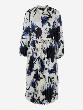 Pleated Floral Midi Dress in White and Blue
